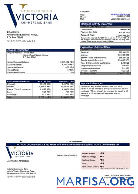 Blank Kenya Victoria Commercial Bank mortgage statement Word and PDF template